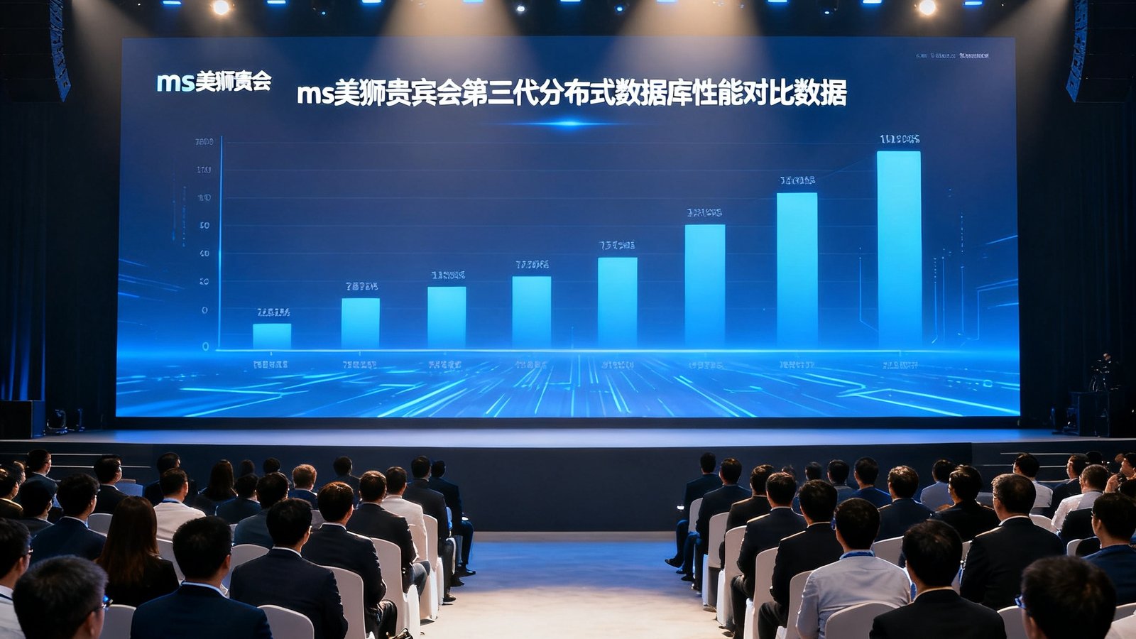 ms美狮贵宾会第三代分布式数据库升级发布会现场，舞台上巨大的LED屏幕显示着性能对比数据，台下坐满了行业嘉宾
