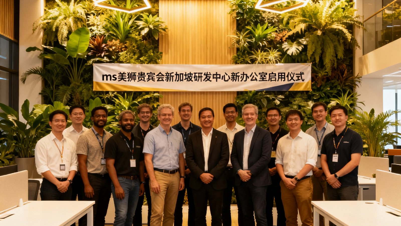 ms美狮贵宾会新加坡研发中心新办公室启用仪式，二十余位不同国籍的技术人员在绿植环绕的现代办公空间合影
