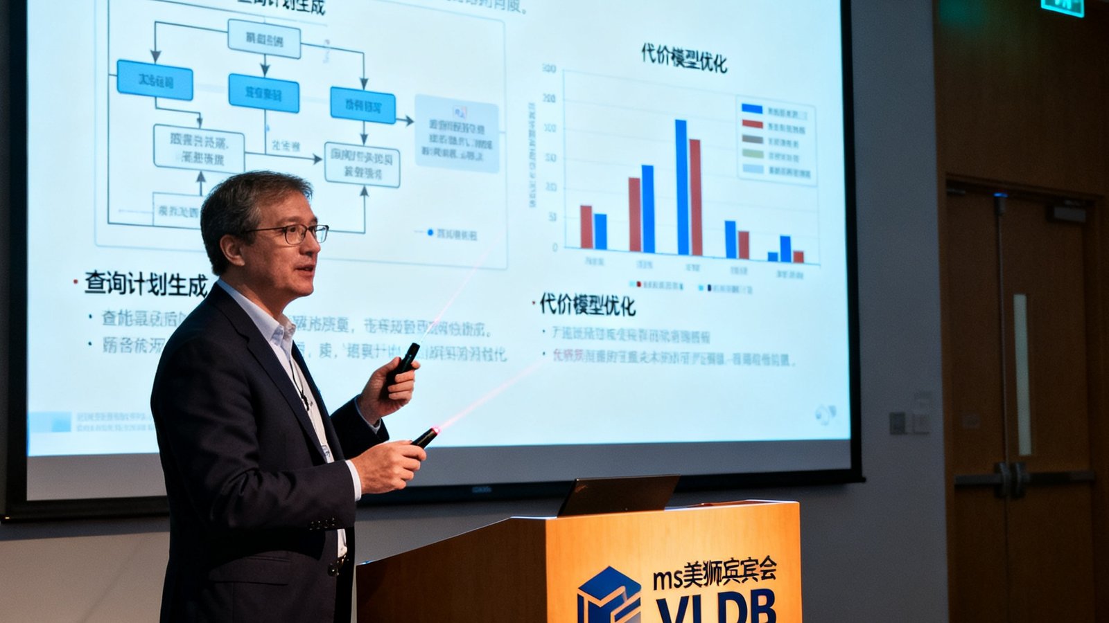 ms美狮贵宾会首席架构师在国际数据库顶级会议VLDB的讲台上进行论文演讲，身后投影展示着智能查询优化的技术细节