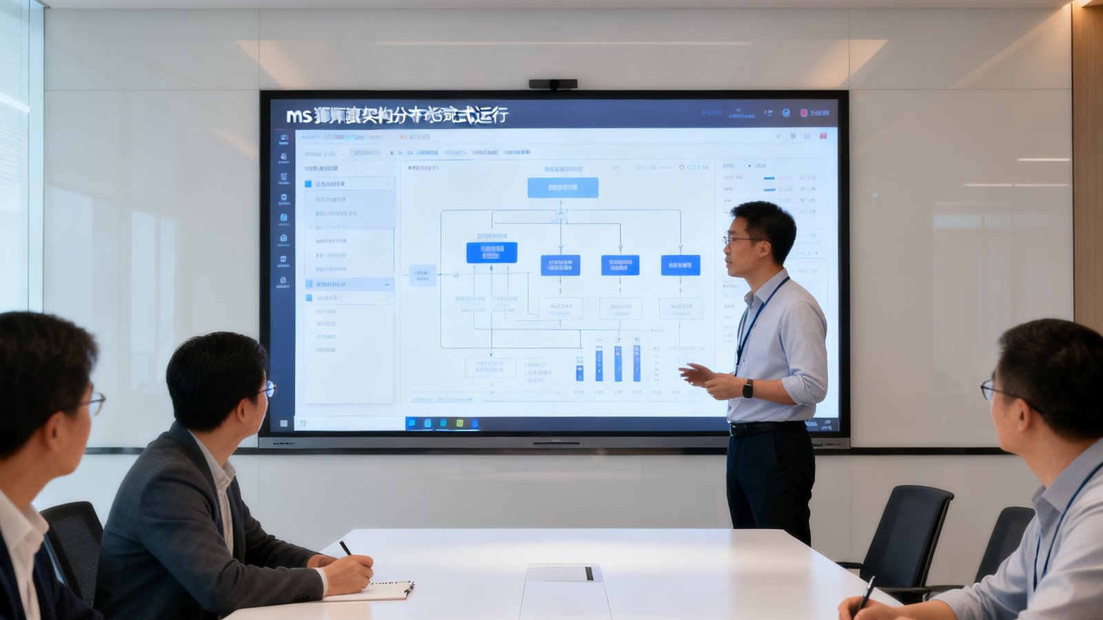一间明亮的现代化会议室中，ms美狮贵宾会技术专家正在通过大屏幕向客户展示分布式架构的实时运行数据，客户专注观看并记录要点
