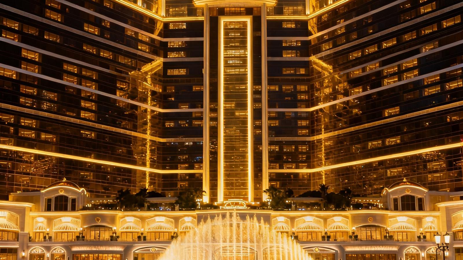 MS美狮贵宾会澳门总部大厦夜景全景，金色灯光勾勒出建筑轮廓，前方广场喷泉在夜色中闪耀，彰显高端贵宾品牌气质
