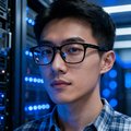 一位穿着格子衬衫、戴着黑框眼镜的年轻男性技术工程师头像，背景是服务器机房的蓝色灯光